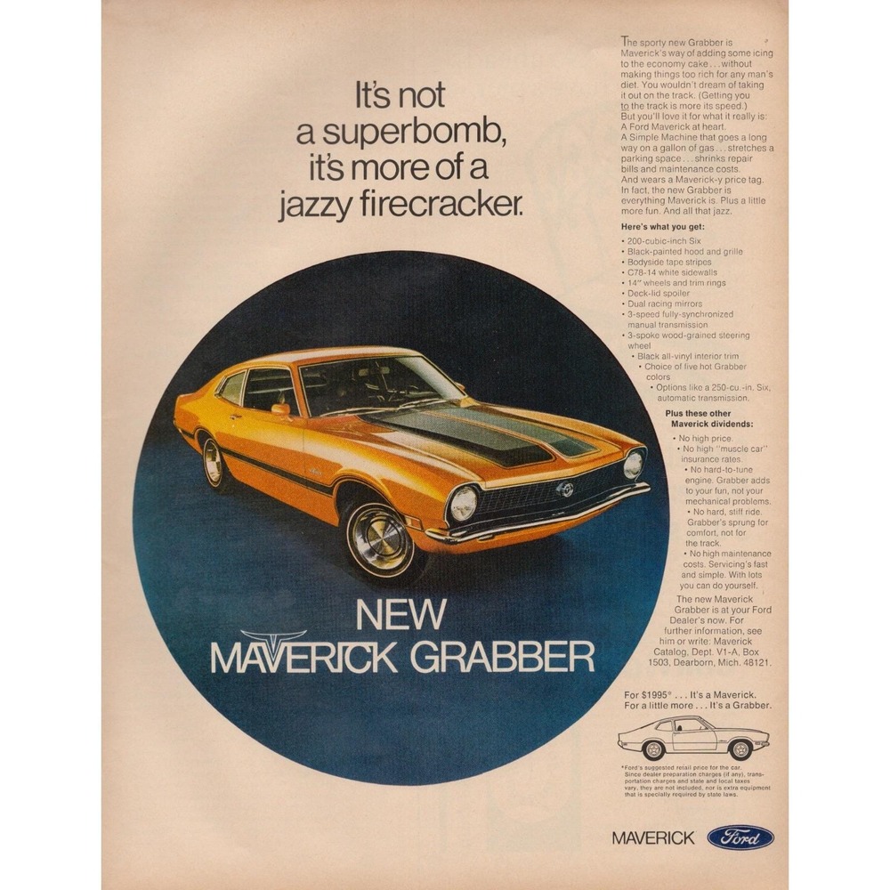 Ford Maverick Grabber Pin Striped Muscle Car Vintage Magazine Print Ad 1970